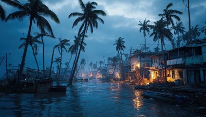 Storm-ravaged tropical village at twilight