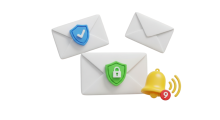 Envelopes with security icons and notification bell on transparent background email message isolated on a transparent background