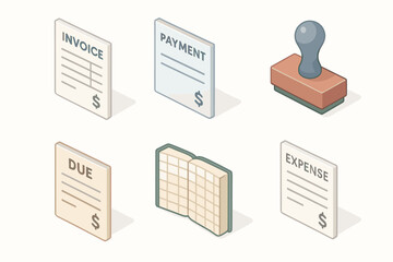 isometric icon items isolated on white background invoice form payment slip vendor stamp due bill ledger book expense note