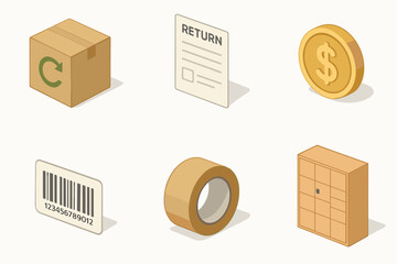 isometric icon items isolated on white background return box return slip refund barcode label parcel tape locker bin