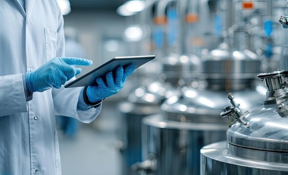 Scientist in a lab coat using a tablet in a pharmaceutical factory.