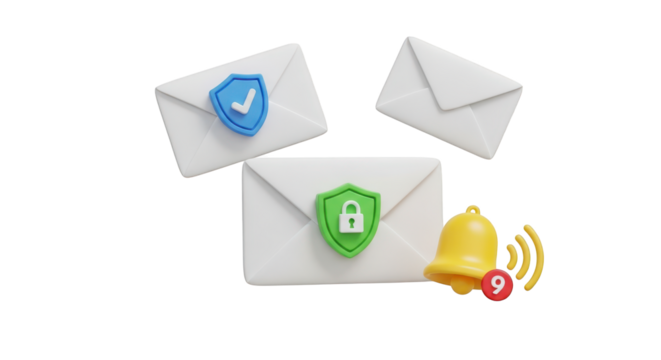 Envelopes with security icons and notification bell on transparent background email message isolated on a transparent background