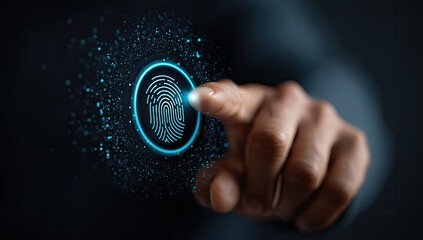 Finger scanning interface.  A person's finger presses on a glowing digital fingerprint