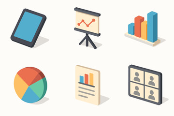 isometric icon items isolated on white background digital screen graph slide bar chart pie chart report sheet conference grid