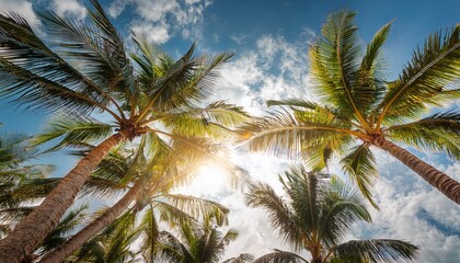 view from below of palm trees with sunlight and clouds in the background