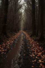 Obraz premium Misty Forest Path in Autumn – Dark and Mysterious Wood Trail