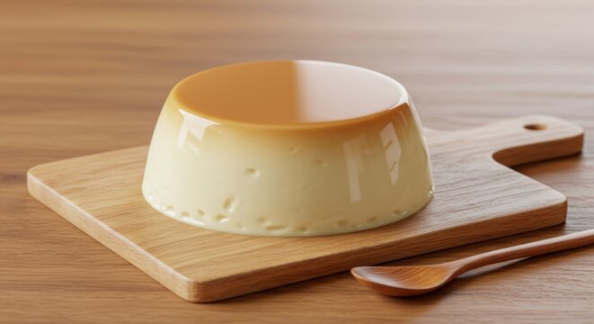Creamy custard dessert on a light wooden cutting board, with a glossy caramel topping