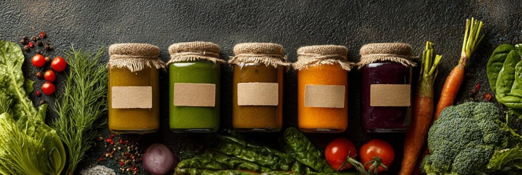 Artisan homemade vegetable and fruit preserves in glass jars, showcasing vibrant colors and fresh organic ingredients, representing sustainable and healthy food preparation