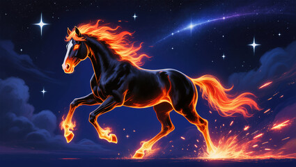 Flaming red horse galloping across night sky with stars and fire trails, symbolizing 2026 year of the fire horse in fantasy zodiac concept