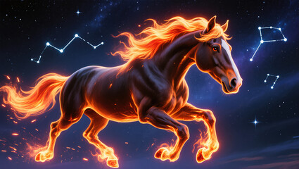 Mythical fiery horse galloping through starry night sky with constellations, symbolizing 2026 year of the red fire horse in Chinese zodiac