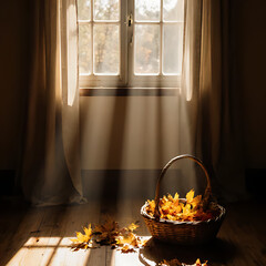 Basket of Autumn Leaves in Sunlight by Window &ndash; Cozy Fall Interior