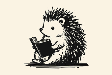 Hedgehog reading book sketch thick contour vector illustration