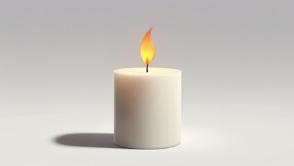 A single, cylindrical candle, illuminated by a warm, orange flame, sits on a plain, light gray surface, evoking a sense of serenity and quiet contemplation.