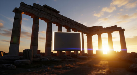 A glowing, blank digital screen is juxtaposed with ancient Greek or Roman ruins at sunset, blending modern technology with history.