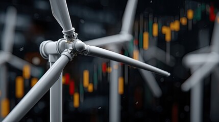 Wind turbines generate renewable energy in modern landscape with financial data overlay showcasing green investment trends