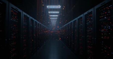 Emerging digital particles swirling around server racks in data center corridor, with glowing LEDs - Powered by Adobe