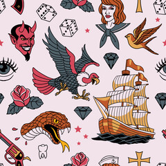 Seamless Pattern of Flash Tattoo Illustration