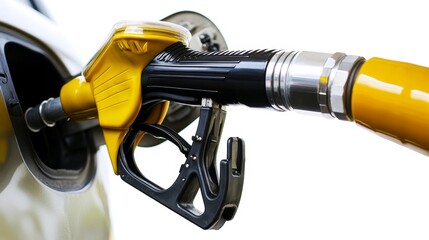 Gas pump nozzle pouring yellow oil into car fuel station high-quality image urban environment close-up view automotive energy transfer