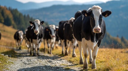 Cows walking along countryside path