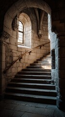 Fototapeta premium Ancient stone staircase illuminated by soft light through a tall window, creating a mystical atmosphere that invites exploration and evokes a sense of history and intrigue.