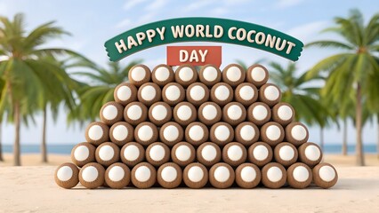 Giant pyramid of coconuts on a tropical beach celebrating world coconut day