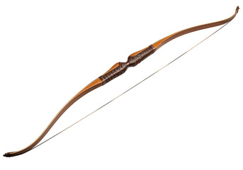 A longbow with a rich brown and light wood finish is displayed against a stark black backdrop.
