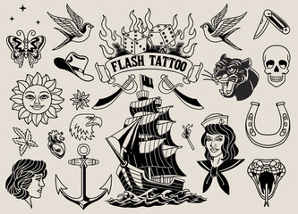 Set of Vintage Flash Tattoo Design Monochrome