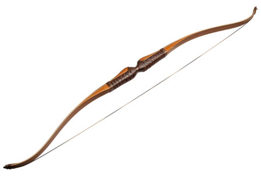 A longbow with a rich brown and light wood finish is displayed against a stark black backdrop.