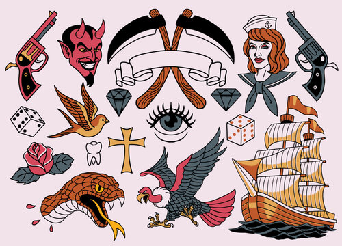 Set of Vintage Flash Tattoo Design
