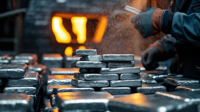 Metalworker handling silver ingots inside industrial foundry with glowing furnace in background and stacks of refined shiny metal bars