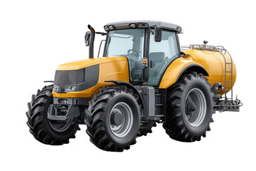 Naklejka premium A modern yellow tractor designed for agricultural tasks, featuring large wheels and a sturdy build, ideal for farming activities.