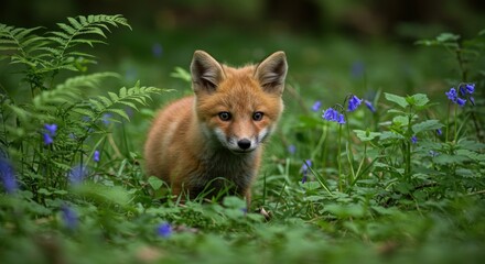 A red fox kit, small and fluffy, sits amidst vibrant bluebells and lush green ferns in a shadowy woodland setting.  Its curious gaze is directed at the viewer