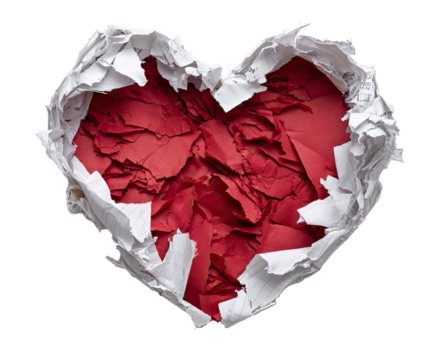 A heart-shaped hole in white paper, filled with torn red paper
