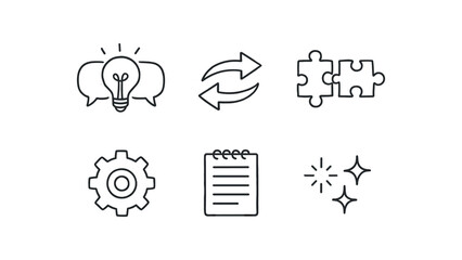 hand drawn cute doodle style line isolated on white background: idea exchange speech arrows puzzle pieces gear icon notebook page spark lines