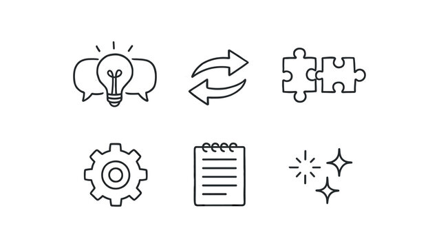 hand drawn cute doodle style line isolated on white background: idea exchange speech arrows puzzle pieces gear icon notebook page spark lines