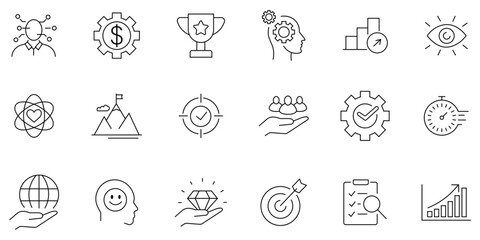 Core value icons set of web icons in line style. Containing innovation, goals, responsibility, vision, social responsibility, commitment, commitment, quality, teamwork, inclusion and more. Vector. 