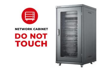 A network cabinet designed for storing and managing server equipment, featuring a secure door with a warning sign.