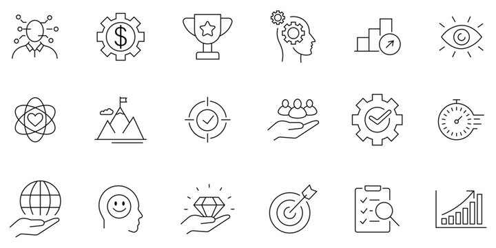 Core value icons set of web icons in line style. Containing innovation, goals, responsibility, vision, social responsibility, commitment, commitment, quality, teamwork, inclusion and more. Vector. 