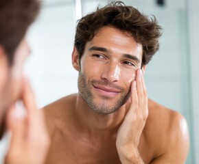 Naklejka premium A man examines his face in a bathroom mirror, focused on skincare routine and self-care.