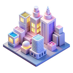 Fototapeta premium Isometric city buildings with vibrant colors and glowing windows, modern design