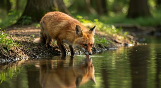 Red fox drinking at a still pond in a sunlit forest - Powered by Adobe