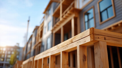 Wooden Terraced House Under Construction Close Up on Intricate Timber Frameworks with Nails and Joints Workers Actively Building in Blurred Background Adding Motion and Teamwork