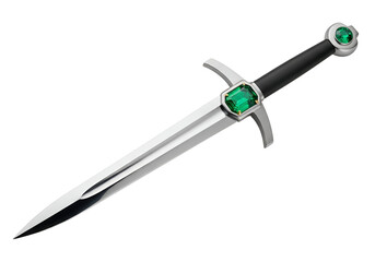 Fototapeta premium A polished, steel dagger with vibrant emerald gemstones adorns its hilt, showcasing intricate artistry against a stark black backdrop.
