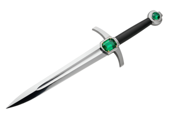 A polished, steel dagger with vibrant emerald gemstones adorns its hilt, showcasing intricate artistry against a stark black backdrop.