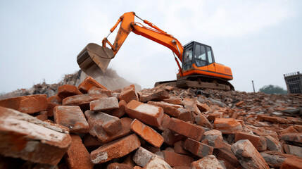 Massive Pile of Shattered Bricks and Twisted Rebar in Container Orange Excavator Working in Dusty Demolition Site with Debris Clouds Conveying Industrial Deconstruction and Raw
