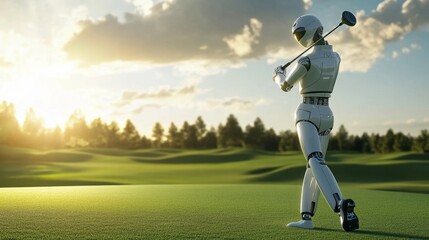 Golf robot executing perfect swing on green course sports photography dynamic landscape futuristic concept