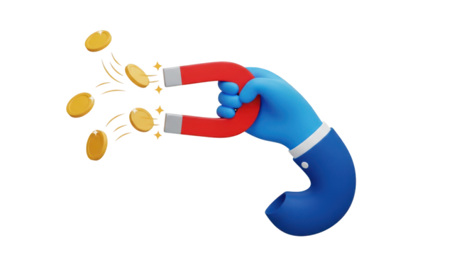 Hand with Magnet Attracting Gold Coins with Sparkles graphic design isolated on a transparent background