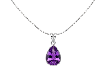 Elegant silver chain necklace with a teardrop-shaped amethyst pendant against a black background.