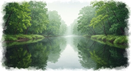 Obraz premium A serene river winding through a misty forest, showcasing the vibrant green foliage reflected in the tranquil water.
