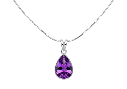 Elegant silver chain necklace with a teardrop-shaped amethyst pendant against a black background.